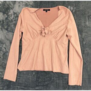 Karen Kane Womens Medium Long Sleeve Suede Top Pink Flower Accent